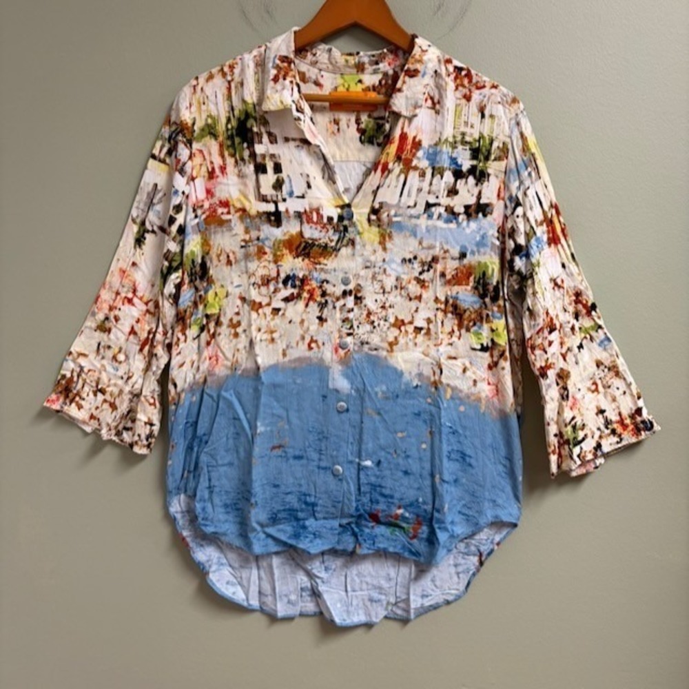 Jams World Women Button Blouse Top Size L Tropical Hawaiian Abstract Artsy Beach